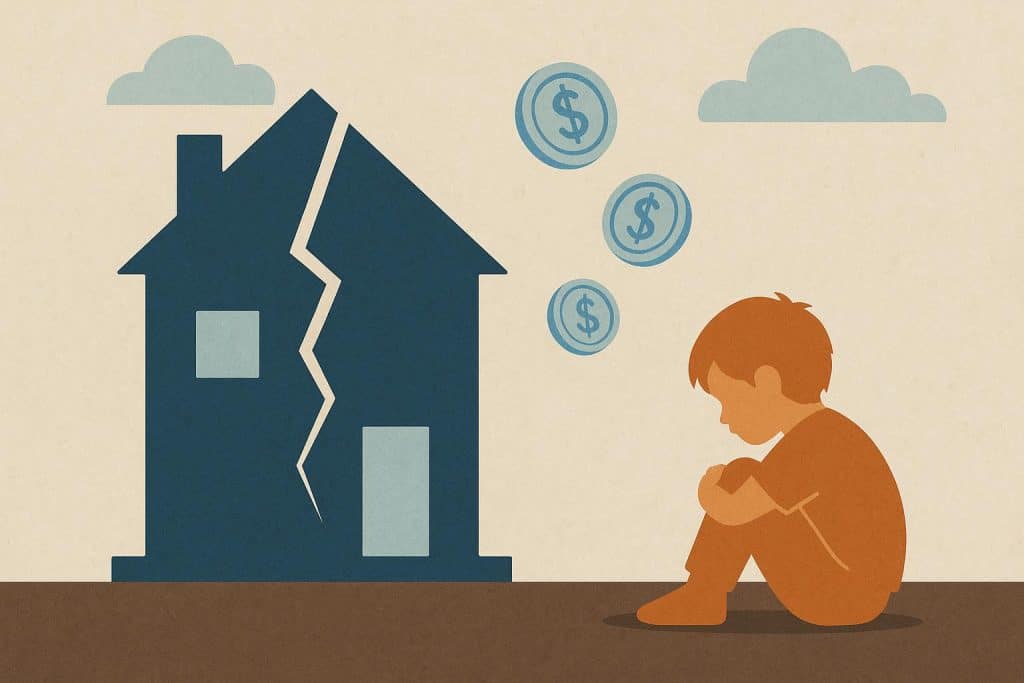 The Economic Consequences of Divorce for Children: What Three Decades of Research Show Child holding piggy bank next to divided family home, symbolizing financial impact of divorce