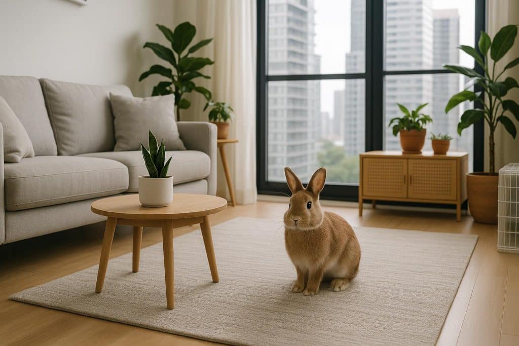 High-Rise Hares: 4 Ways to Keep Your Condo Stylish and Bunny-Safe Stylish modern condo living room decorated for rabbits with pet-friendly features and safety gates