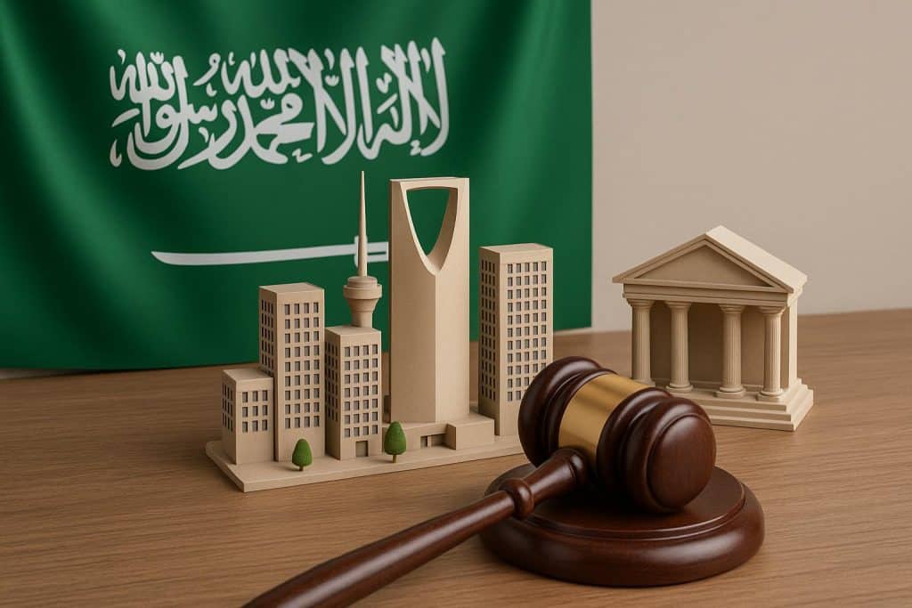 Modern Saudi Arabian city skyline with business district, symbolizing company formation and legal setup