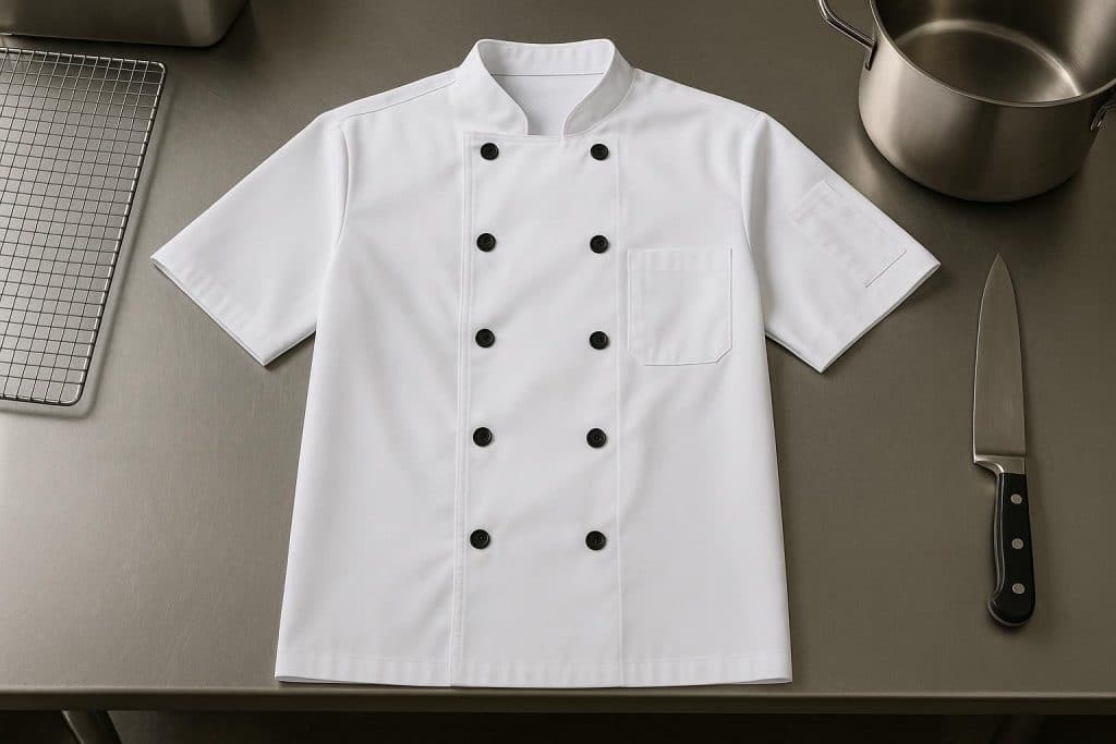 Affordable Chef Jackets for Professional Kitchens Chef jackets displayed on a countertop in a professional kitchen setting for affordable uniforms