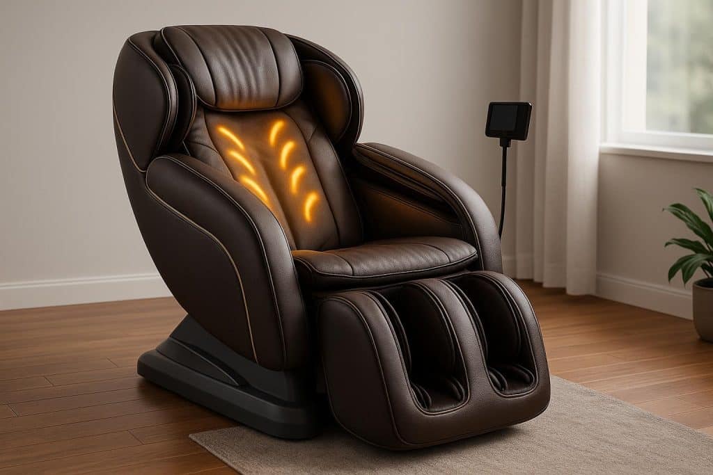 Modern massage chair in a home setting, designed for effective back pain relief and comfort