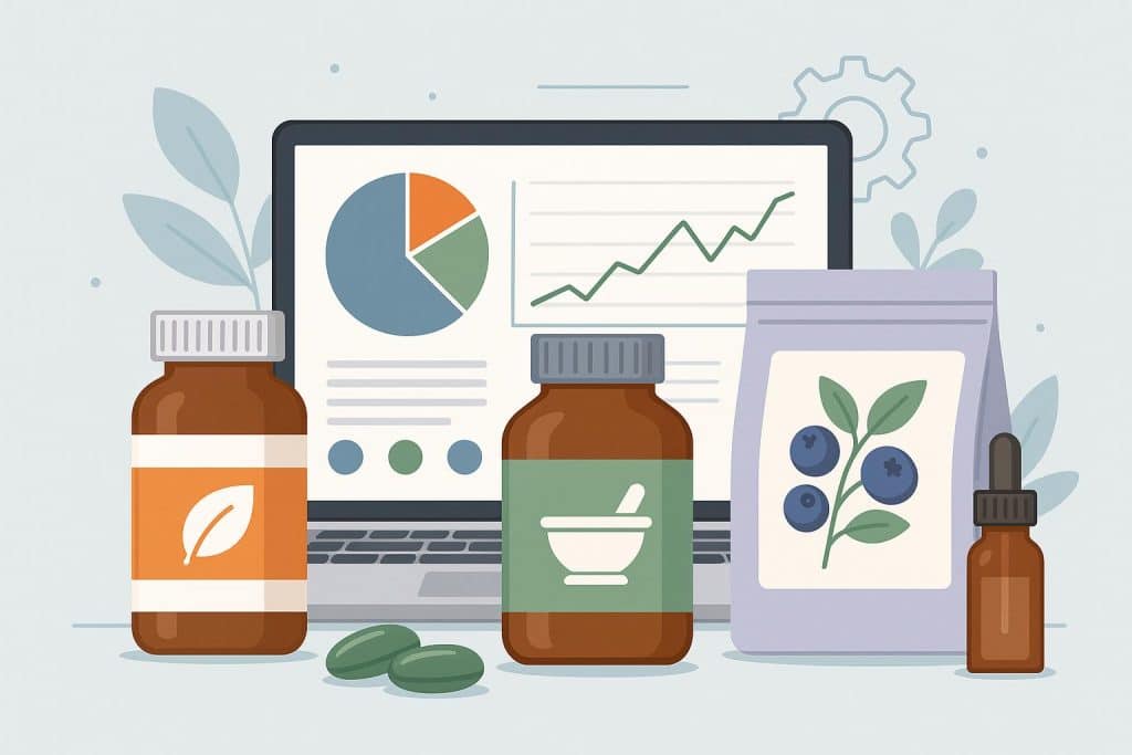 What To Look For In Nutraceutical Manufacturing Software Nutraceutical manufacturing software dashboard with production analytics and ingredient tracking