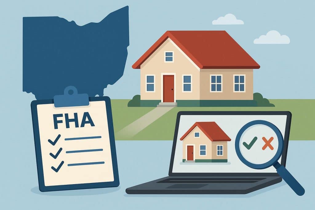 Ohio house with digital AI homebuying tools graphic, highlighting FHA loan options for buyers