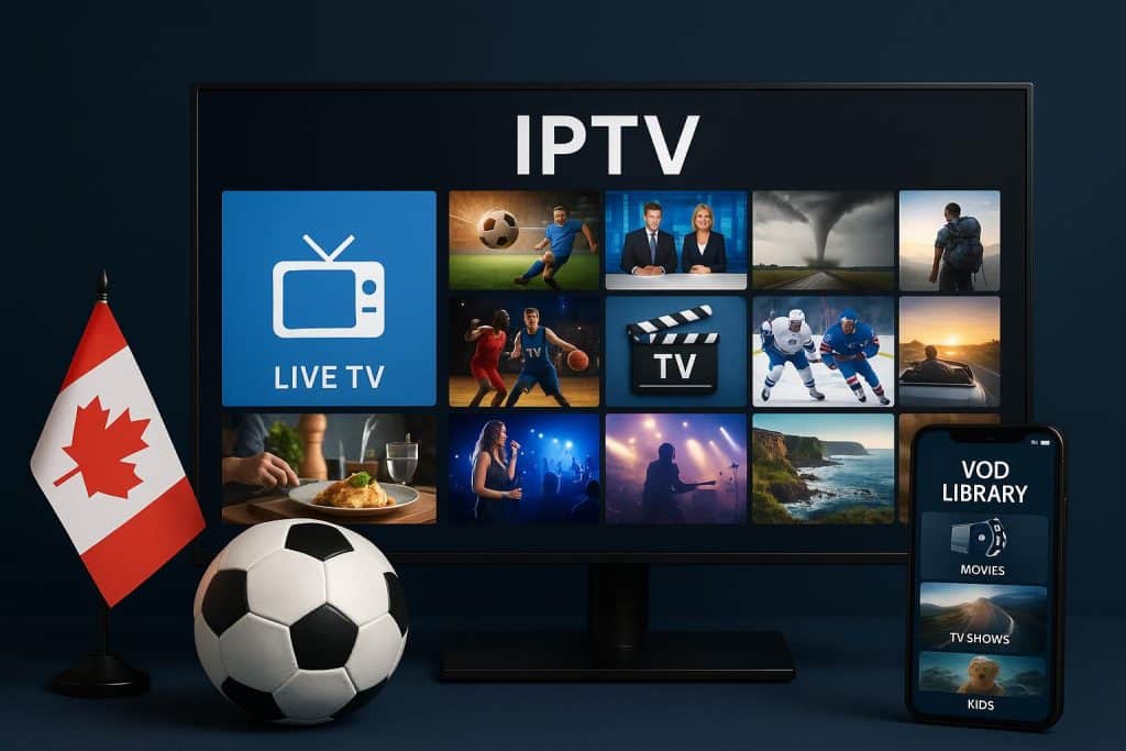 Canadian IPTV interface displaying live sports channels and on-demand video library options