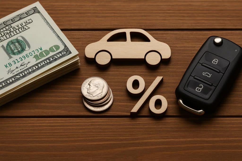 Used car loan down payment: How much should you pay up front Calculator, car keys, and money on a table symbolizing used car loan down payment options