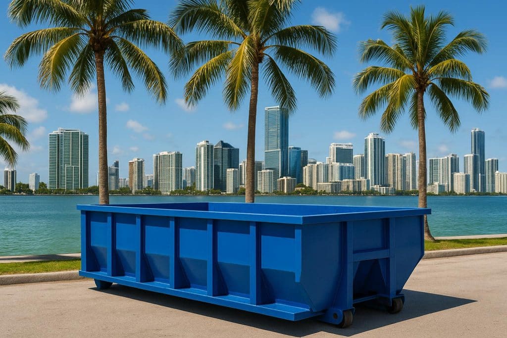 Top Dumpster Rental Company in Miami Large green dumpster placed outside a commercial building in Miami representing top rental service