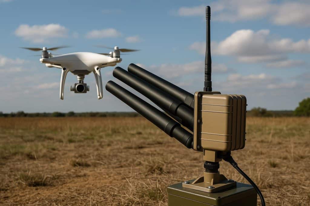 Military-grade drone jammer disrupting airborne drones amid a battlefield environment