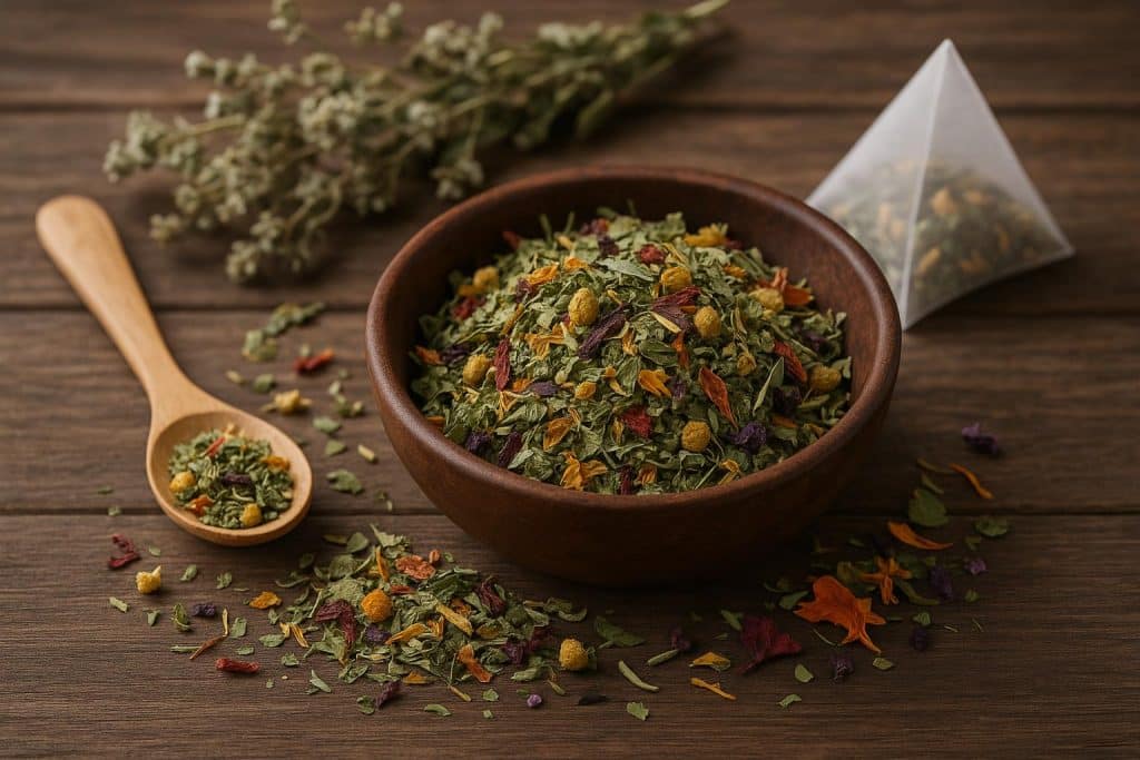 Herbal Tea Without the Bag: Why Loose Leaf Makes a Difference Assorted loose leaf herbal teas and teapot on a wooden table promoting the benefits of loose leaf