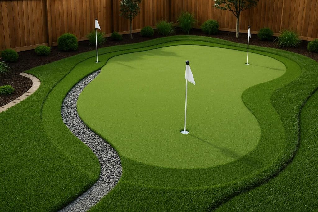 Backyard Putting Green Installation: Drainage, Pile Height, and Layout Decisions That Matter Custom backyard putting green with artificial turf, proper drainage, and well-planned layout