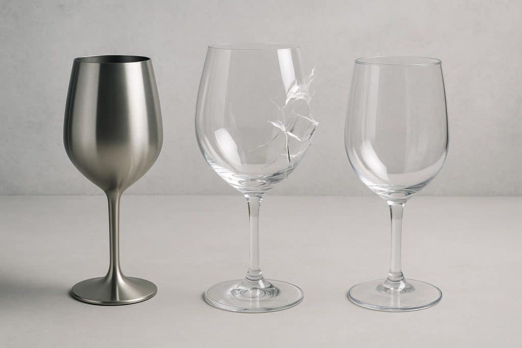 Unbreakable Wine Glasses Tested: What Materials Hold Up Without Sacrificing the Experience Durable wine glasses made from plastic and stainless steel displayed on a wooden table