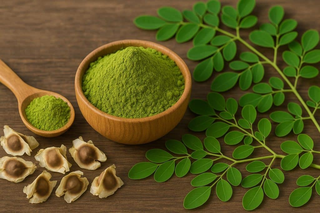 Moringa powder in wooden bowl with fresh moringa leaves, highlighting nutritional health benefits