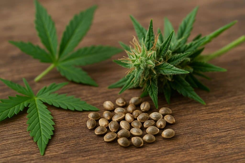 Assorted cannabis seeds in close-up on a wooden surface, highlighting seed variety and quality
