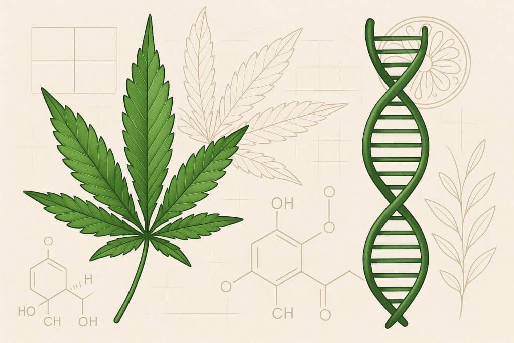 Close-up of healthy cannabis plants highlighting leaf structure and genetic variation in cultivation