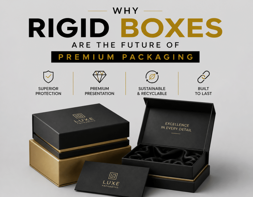 Image 1 of Many businesses use Cardboard Boxes. They can't be strong for luxury items. They can get damaged when transported. Rigid packaging is stronger and it holds the product.