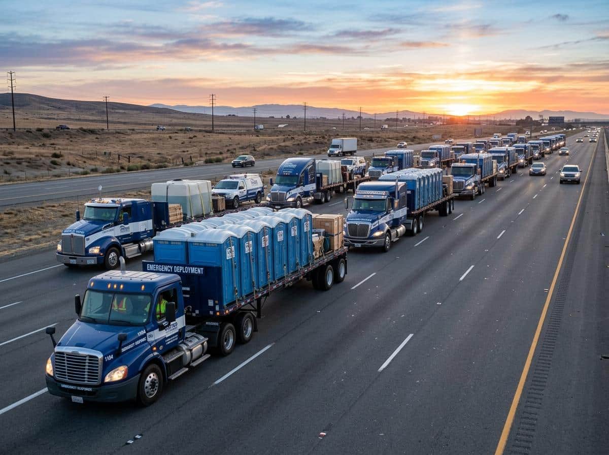 large-scale delivery fleet ready for deployment - emergency construction toilet rental