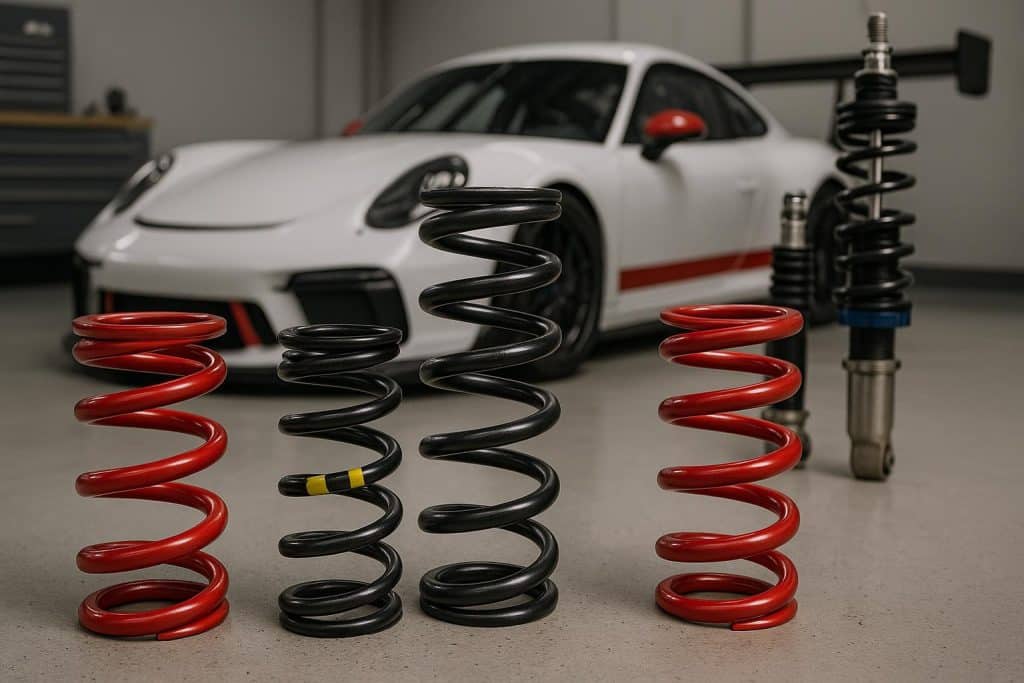 Close-up of various conventional racing springs designed for diverse motorsport performance needs