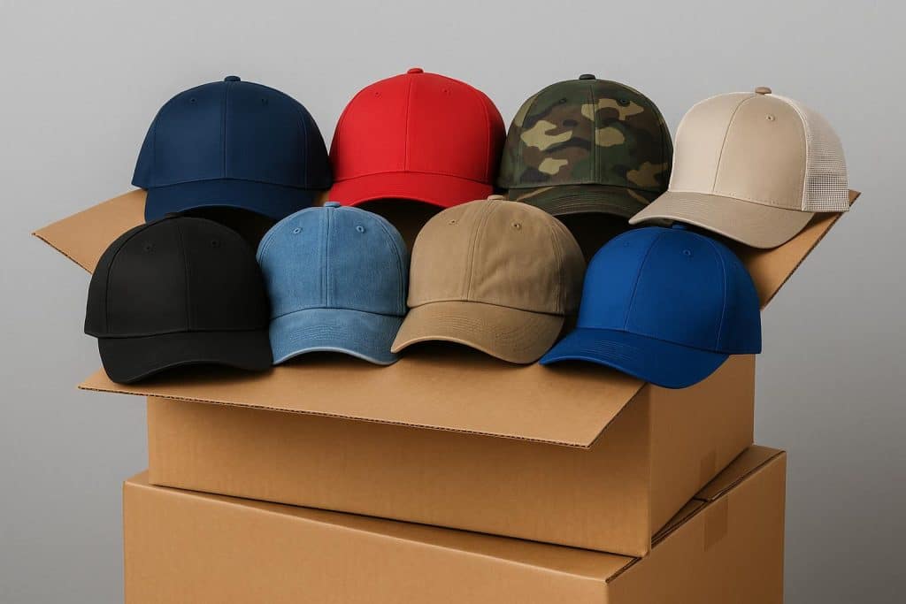Stacks of wholesale hats from wholesalehats.com displayed for retail supply and distribution