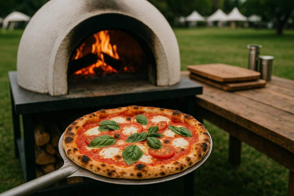 Wood-fired pizza oven with freshly baked pizzas at a catered Sydney outdoor event