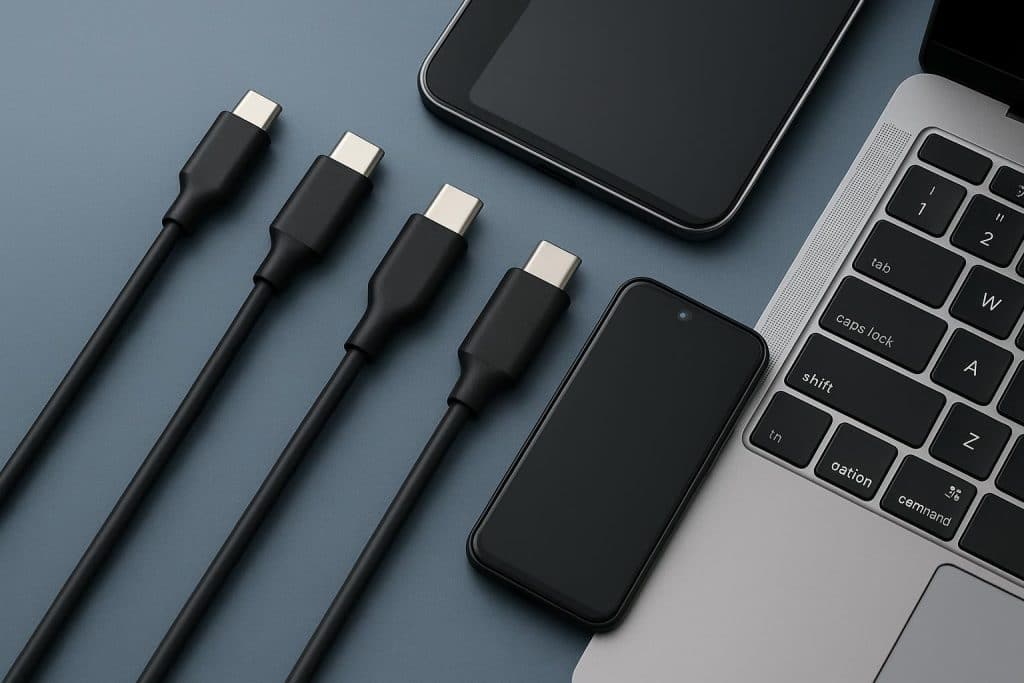 Assorted USB-C cables with modern smartphones, laptops, and chargers on a clean background