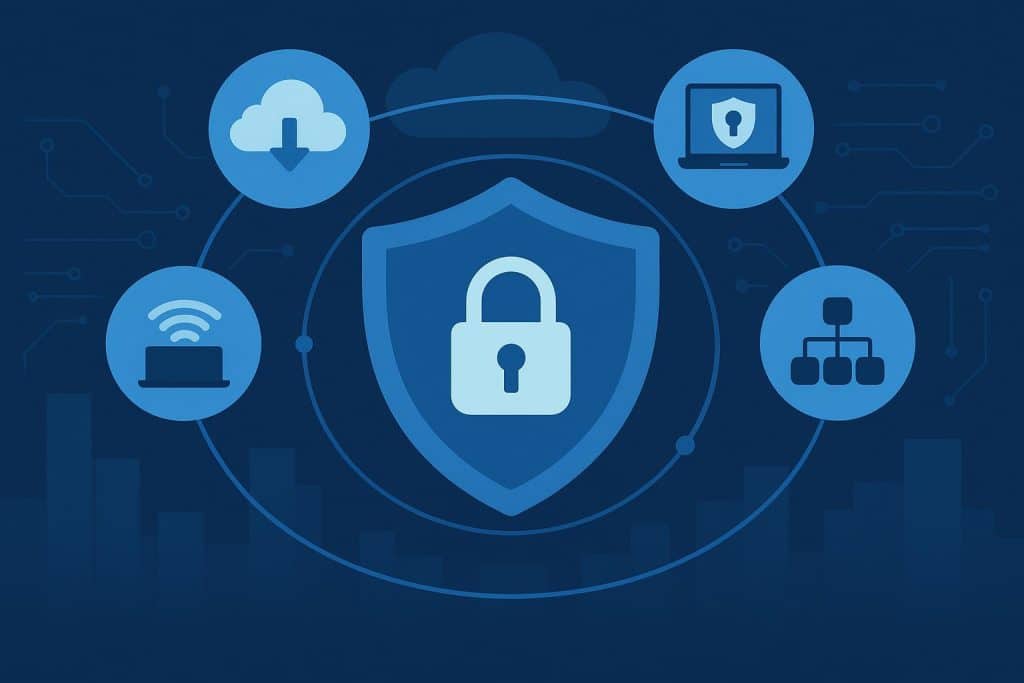 Cloud-based secure network and cybersecurity tools for enterprise SASE solutions illustration