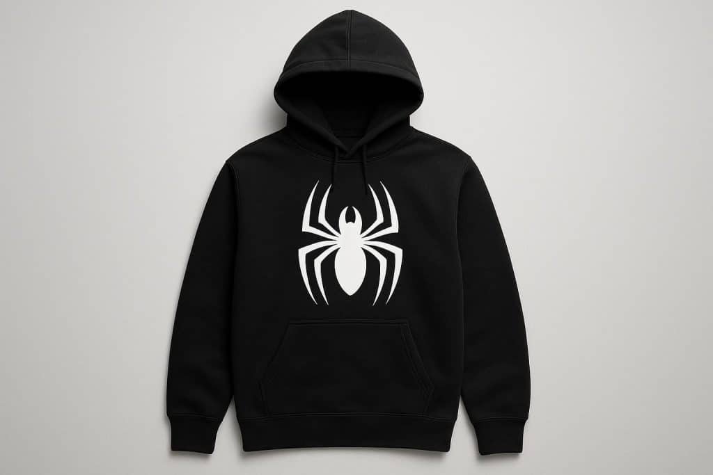 Black Spider hoodie displayed on hanger, showcasing stylish design for online clothing store