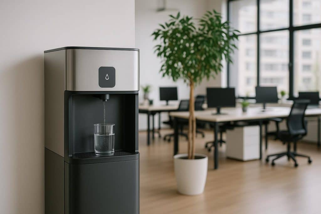 Modern filtered water dispenser in a corporate office setting promoting employee wellness initiatives
