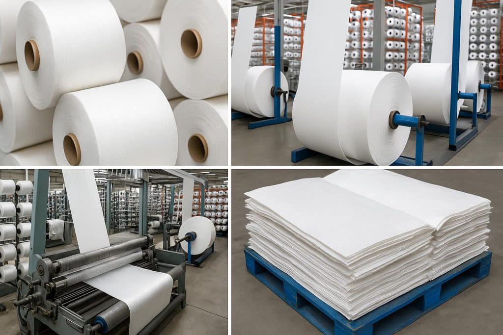 PP woven bags and fabric being manufactured on industrial machines in a textile production facility