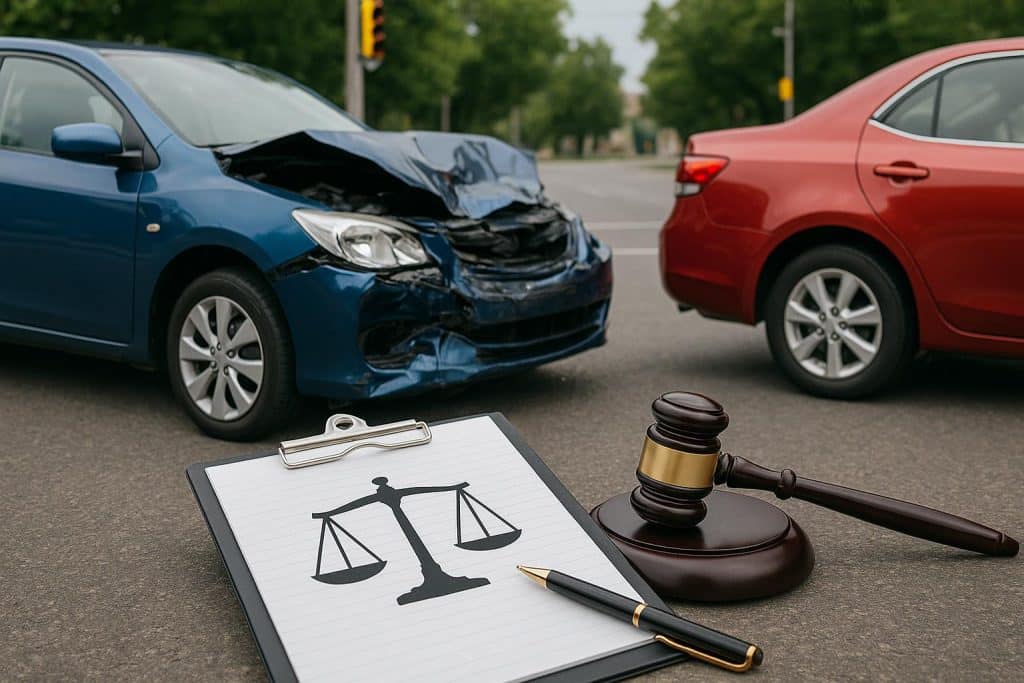 Car accident lawyer consulting with client near damaged vehicle after a collision