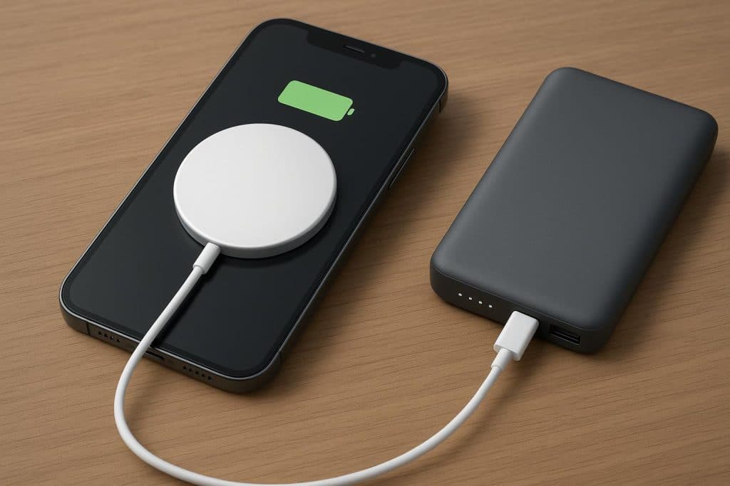 MagSafe-compatible smartphone connecting to a wireless power bank for efficient mobile charging