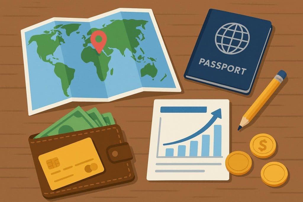 Travel budget planning with currency, passport, and calculator for smart international spending