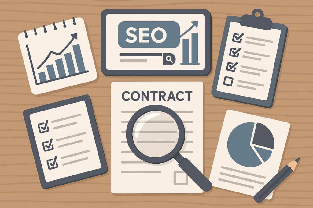 Laptop displaying SEO analytics dashboard and contract documents on desk for consulting evaluation