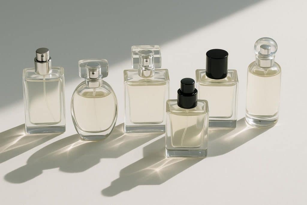 5 Fresh Unisex Perfumes That Smell Luxurious All Day Collection of five elegant unisex perfume bottles arranged stylishly for luxury fragrance feature
