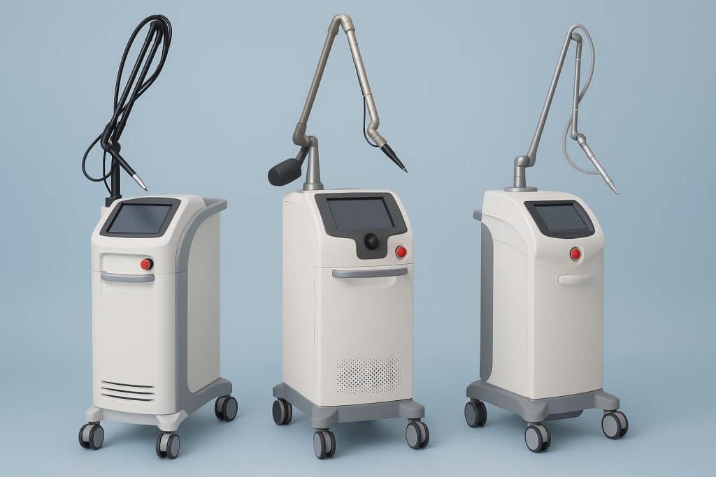 Three versatile medical lasers displayed for new med spa business owners’ equipment selection