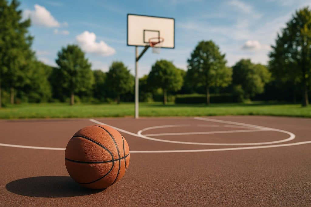 How Basketball Supports Active Lifestyle Habits Basketball court with hoop and ball promoting healthy, active lifestyle through sports