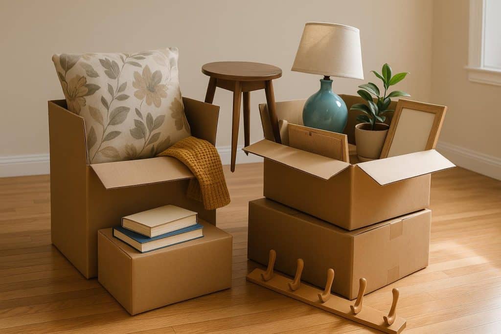 How to Balance Meat and Vegetable Shopping in One App Organized living room with packed boxes and minimal furniture, highlighting downsizing transition