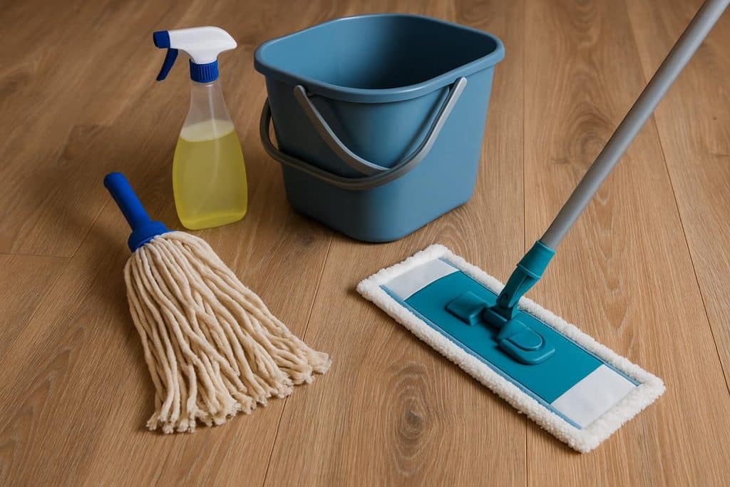How to Clean Laminate Floors the Right Way (and the Mop That Ruins Them) Laminate floor with cleaning supplies and mop illustrating proper and improper cleaning methods