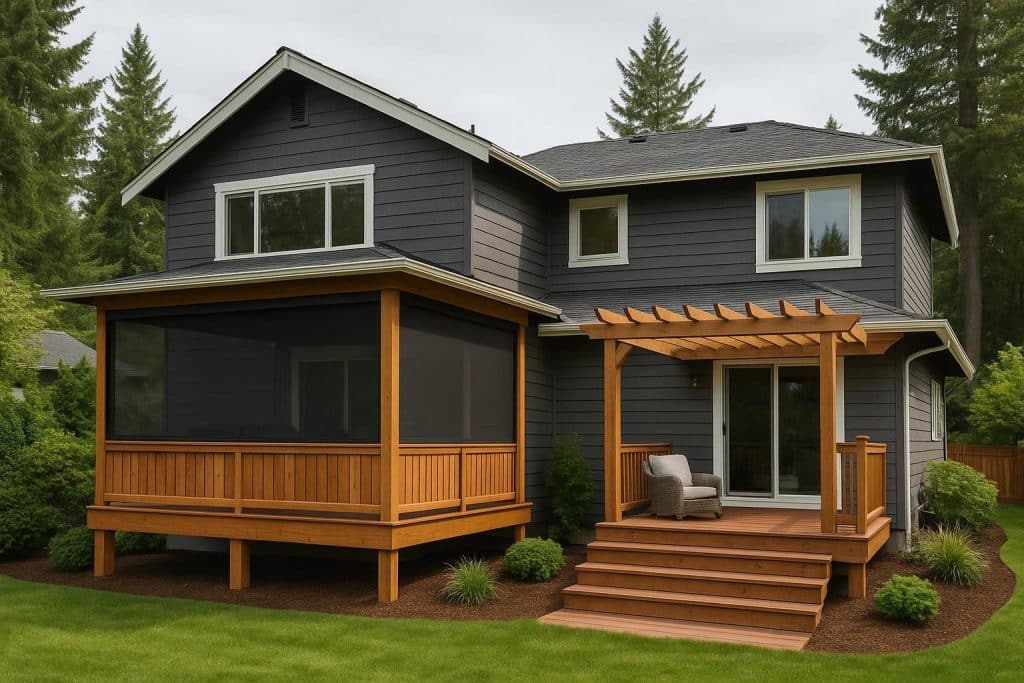 Pergola, deck, or porch: how to decide where retractable screens make sense on a Pacific Northwest home Modern Pacific Northwest home with pergola, deck, and porch featuring retractable screens