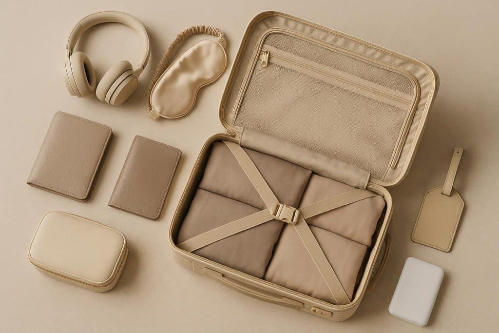 Luxury travel accessories including suitcase, travel pillow, and organizer on a stylish backdrop