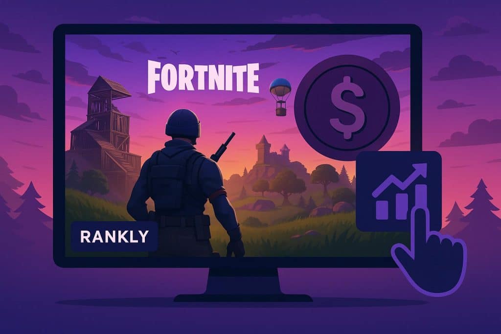 Earn Money Playing Fortnite for FREE: A Closer Look at Rankly Fortnite gameplay scene with Rankly logo, highlighting earning money by playing for free
