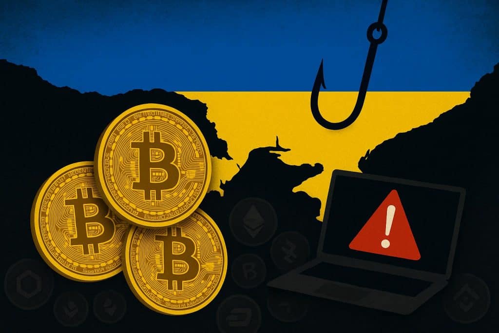 Bitcoin symbol with Ukrainian flag background representing cryptocurrency scams in Ukraine