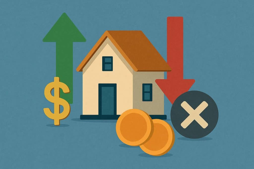 Calculator, mortgage documents, and declining interest rate graph illustrating refinancing decisions