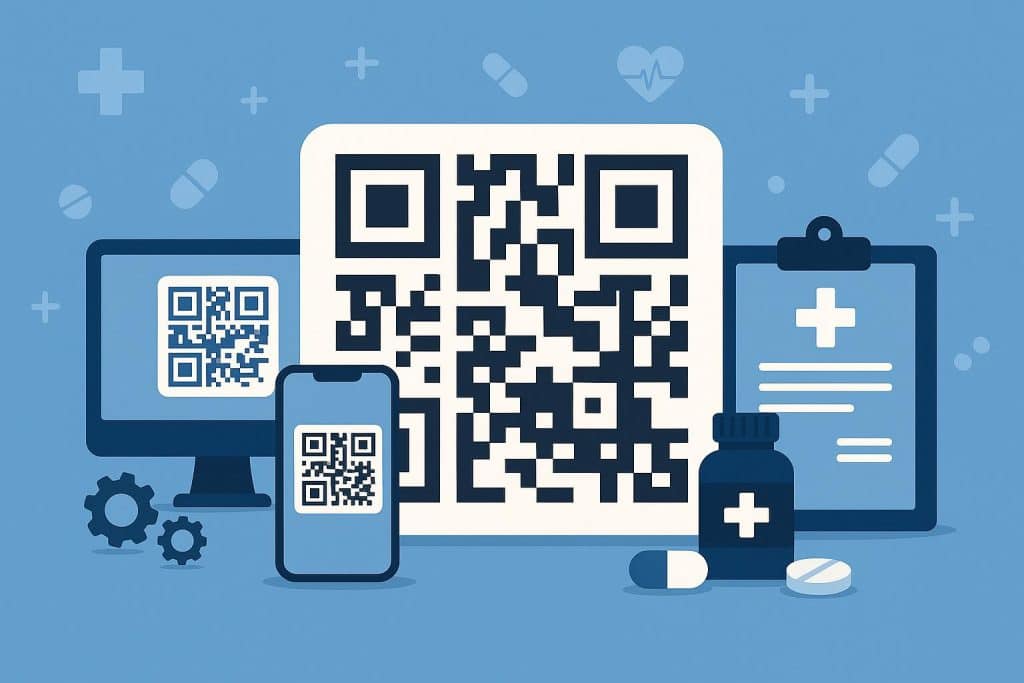 QR code and healthcare icons illustrating top QR code generators for medical industry