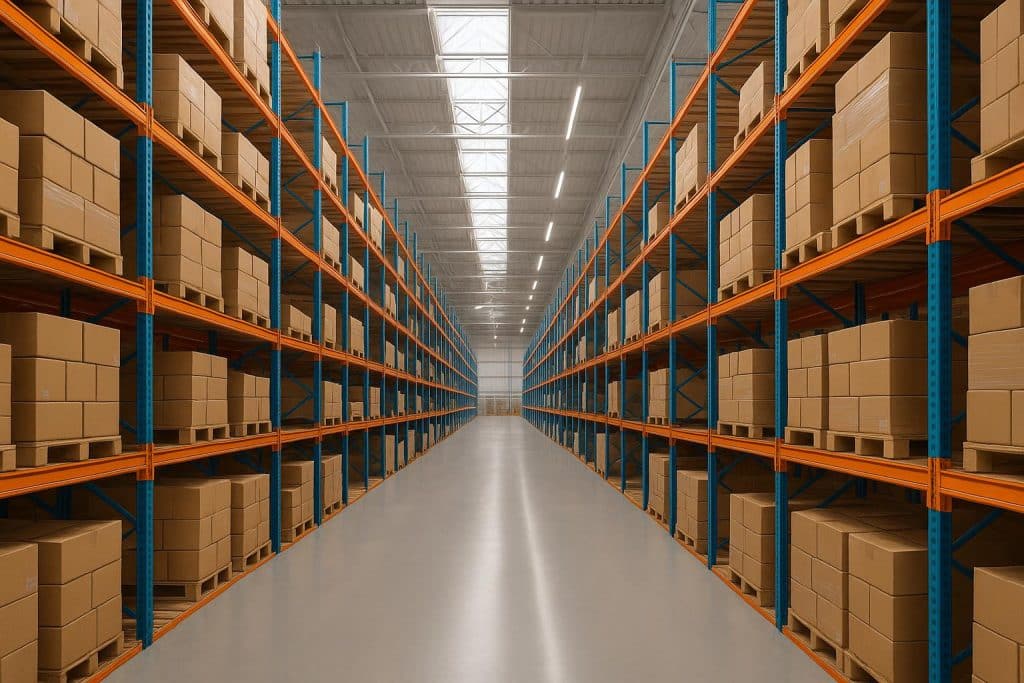 Organized warehouse with tall shelves, efficient storage systems, and optimized floor space