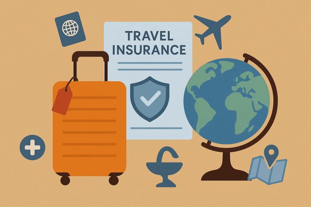 Do I need travel insurance?”: the most commonly asked questions about travel insurance Travel insurance policy documents, passport, and suitcase on a table for trip planning