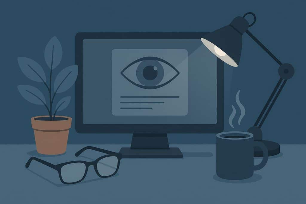 Digital Fatigue 101: Simple Workplace Ergonomics and Vision Habits to Protect Your Eyes Computer workstation with ergonomic setup and blue light glasses for digital eye strain prevention