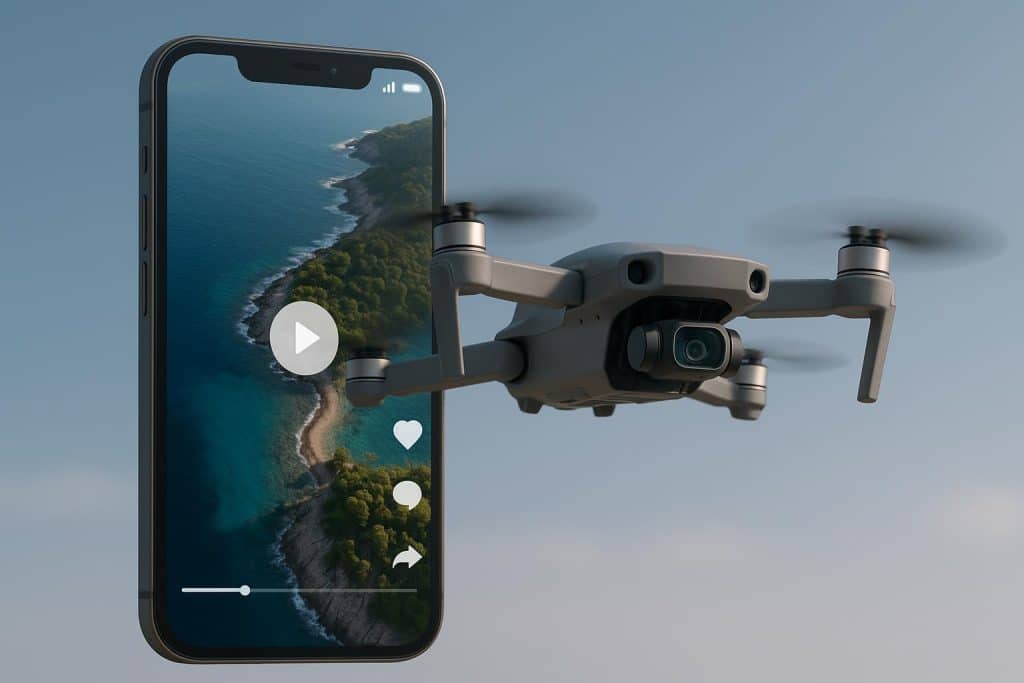 How Drone Footage Became a Short-Form Video Staple Aerial drone capturing high-definition video footage over cityscape for short-form content creation