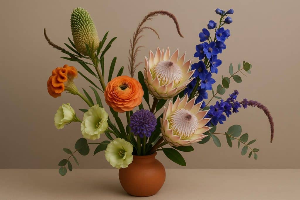 Arrangement of unique floral varieties in a modern London setting, highlighting trending blooms
