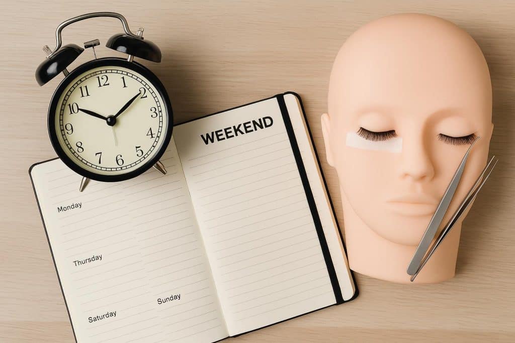 Can You Complete an Eyelash Extension Course on the Weekends While Working a Full-Time Job Eyelash extension training tools and course materials arranged on a workspace for weekend study