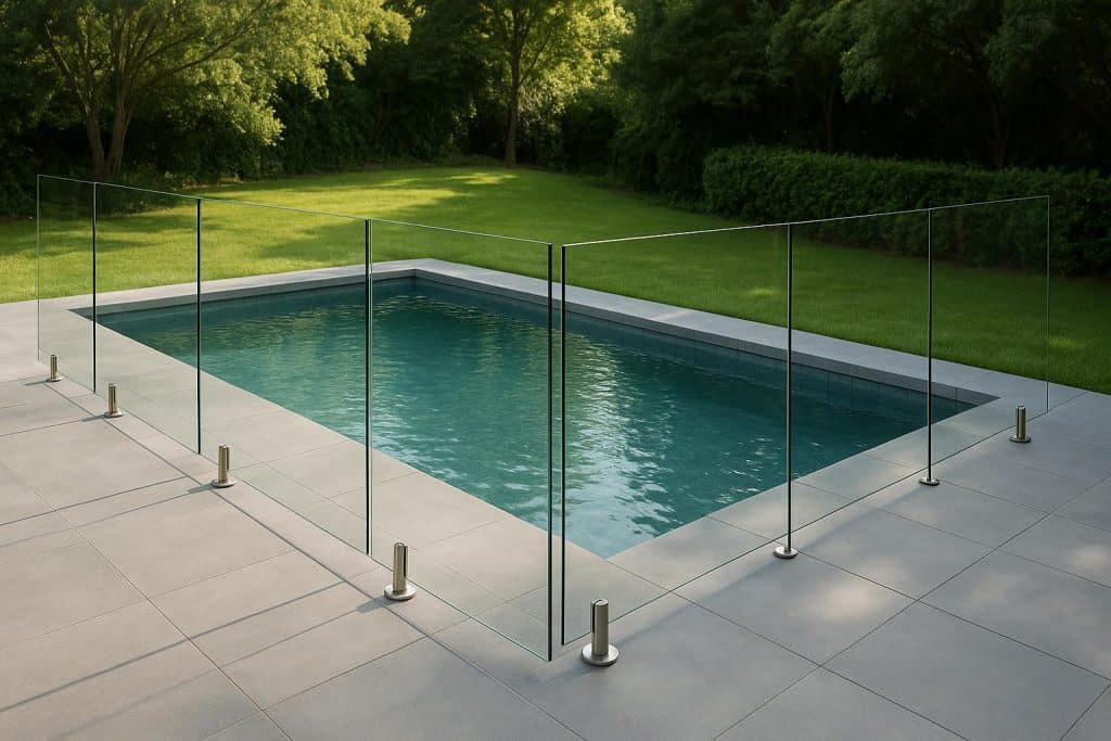 Frameless glass fencing enclosing a modern backyard patio for enhanced outdoor safety and style