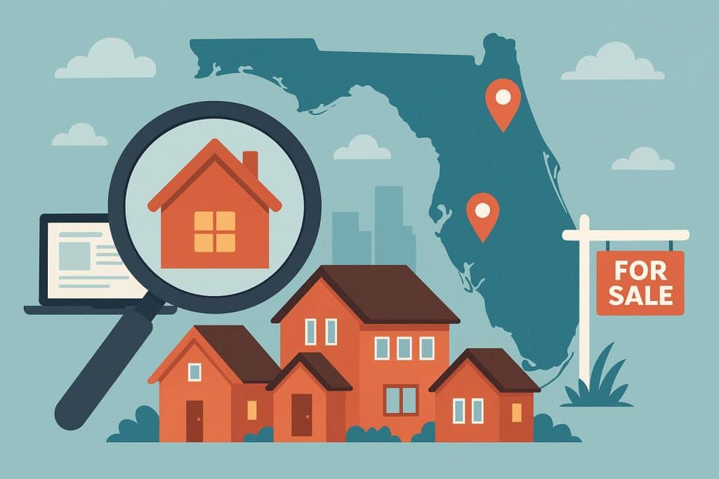 Best Real Estate Sites in Florida for Buyers and Sellers Modern Florida homes and condos with palm trees, showcasing top real estate websites in Florida